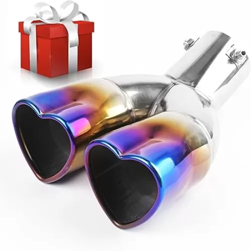 KVR 2.5 inch Inlet Dual Exhaust Tips Muffler Tip for Gift, Chrome Heart-Shaped Exhaust Tip, Car Acessories (Blue-Curved)