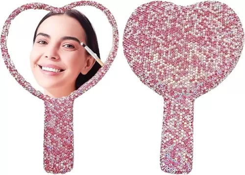 Large Rhinestone Handheld Mirror Heart Bling Glitter Cosmetic Dazzling Portable Hand Mirrors with Handle for Women Wedding Silver White