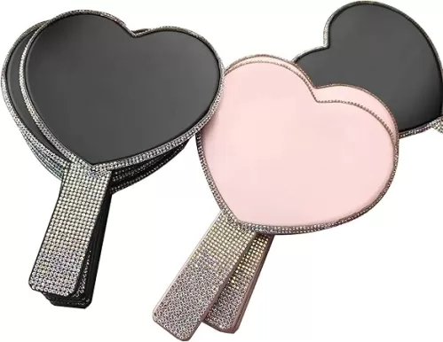 Luxury 2 Pc Bling Diamond Rhinestone Heart Shaped Handheld Cosmetic Travel Mirror (Pink and Black)