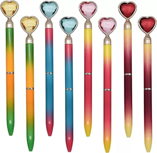 Maydahui 12 PCS Colorful Heart Shaped Ballpoint Pens Retractable Bling Rhinestones Pen Black Ink for Girls School Office Party