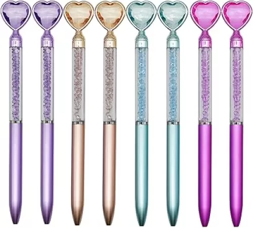 Maydahui 12 PCS Heart Shaped Ballpoint Pens Love Glitter Pen Retractable Bling Rhinestones Pen Colorful Crystal Quicksand Pens Black Ink for Valentine