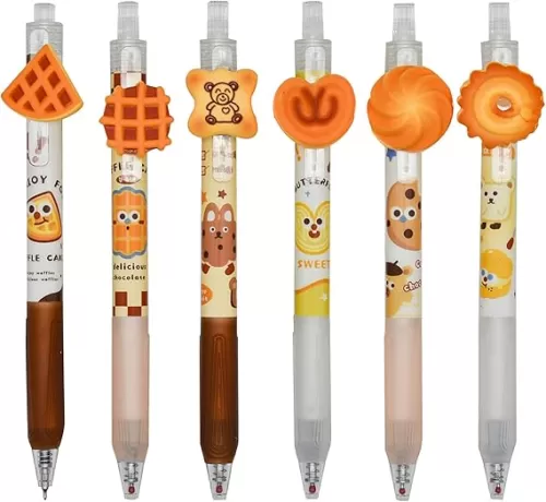 Maydahui 6 PCS Retractable Bear Cookie Rollerball Gel Pen Novelty Heart Dessert Pens Cartoon Printed Animal Expression Pen Fun Sticker Food Pens CS Nib Black Ink for School Party Office