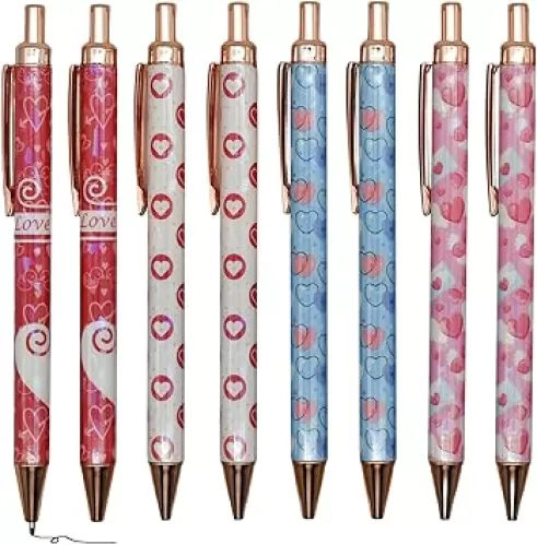 Maydahui 8 PCS Retractable Heart Ballpoint Pens Love Shaped Wing Pen Novelty Priting Metal Pen Black Ink for Valentine