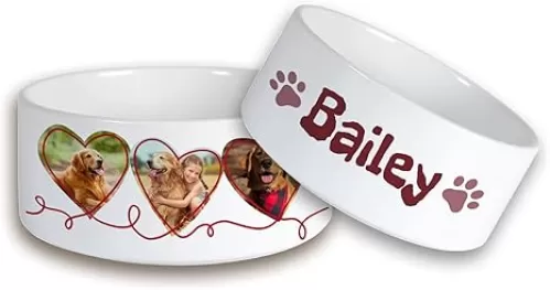 MeMate Personalized Food and Water Bowls for Dogs - Heart Bowls for Pet - Custom Photo Ceramic Dog Food Dish with Dog Breed and Name - Large and Small Ceramic Bowls
