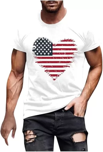 Mens Red White Blue Stars & Stripes Shirts Heart USA Flag 4th of July Patriotic Tshirt Graphic Short Sleeve Tops