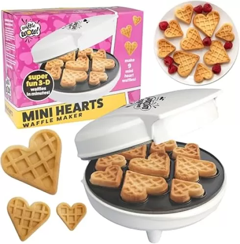 Mini Hearts Waffle Maker- Make 9 Heart Shaped Waffles or Pancakes for Special Breakfast Love w Electric Nonstick Iron- Unique Treat for Kids Adults- Waffler Griddle Includes Recipe Guide- Gift for Her