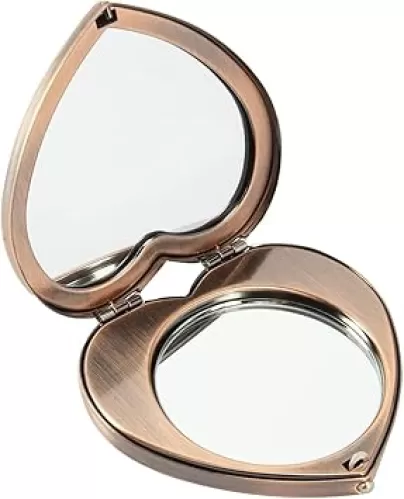 Mini Vintage Heart Elegant Makeup Mirror, Portable 1X/2X Magnifier (Retro Red)