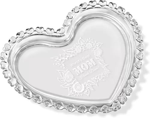 Mom Gift Heart-Shaped Glass Laser Engraved Jewelry Tray for Mother Gift for Birthday, Mother Day, Thanksgiving, Christmas, and Any Special Occasion