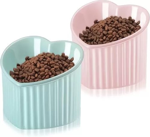 Mumufy 2 Pcs Ceramic Elevated Cat Bowls Tilted Elevated Raised Pet Bowls Anti Vomit Cat Dish for Indoor Stress Free Water Dish Feeder for Puppies, Heart Shaped(Macaron Blue, Peacock Green)