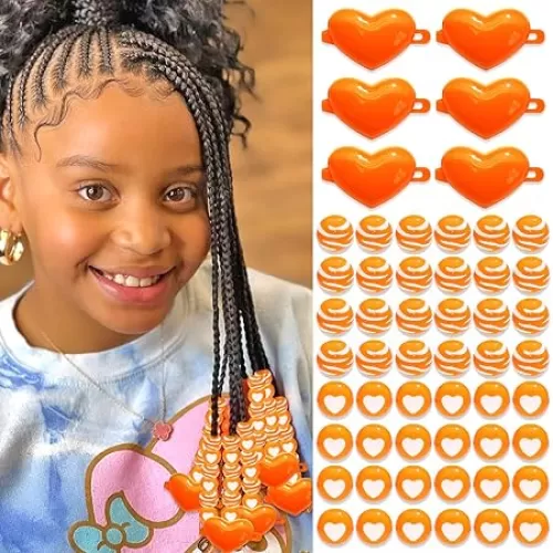 NAISKA 60Pcs Orange Heart Kids Hair Beads Heart Self Hinge Hair Barrettes Cute Acrylic Beads for Hair Toddler Hair Beads for Braids Dreadlock Beads for Kids Girls Braid Clips Accessories