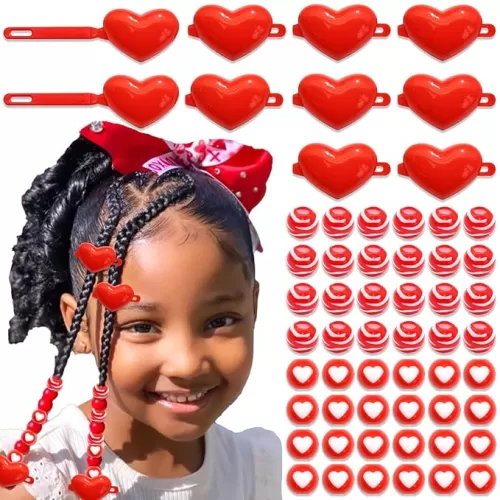 NAISKA 60Pcs Red Heart Hair Beads for Kids Girls Heart Self Hinge Hair Barrettes Acrylic Cute Beads for Hair Plastic Hair Clips Toddler Dreadlock Beads Hair Jewelry for Women Braid Clips Accessories