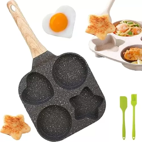 Non Stick Egg Frying Pans 4 Holes Shapes, Nonstick Egg Frying Pan Shapes, 4 Hole Skillet with Handle, Egg Frying Pan Nonstick Star and Heart, Sarten Para Pancakes De Figuras, 1 Set 4 Holes (Black)