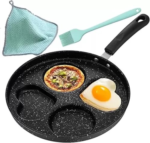 Non Stick Frying Pans Romantic Heart Circle Egg Pan Multifunction Omelette Pan Breakfast Skillet Anti-scalding Handle Easy To Hang Complete with Oil Brush and Dishcloth