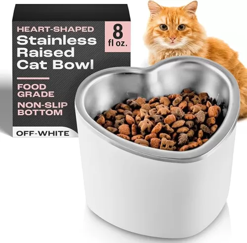 OCM Raised Cat Bowl – 8Oz Heart Shaped Bowl for Cats, Small Dogs – Elevated Cat Bowls Promote Digestion, Swallowing – Non-Slip Dishwasher Safe Cat Food Bowls – Food Grade Stainless Steel (Off White)