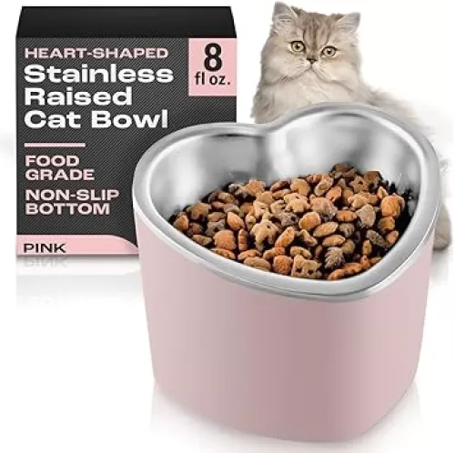 OCM Raised Cat Bowl – 8oz Heart Shaped Elevated Bowls, Stainless Steel, Non-Slip, Promotes Digestion, Reduces Vomiting, Indoor Cat & Small Dog Bowls (Pink)