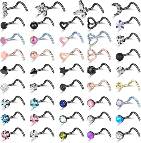 ONESING 36-44 Pcs 18G 20G Nose Rings Studs Nose Rings for Women Nose Piercings Jewelry Surgical Stainless Steel Nose Studs Moon Star Heart Butterfly Hypoallergenic Body Piercing Jewelry for Women Men