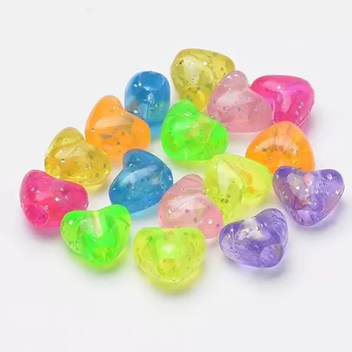 Ornazy 1300 pcs Random Rainbow Acrylic Heart Beads Transparent Glitter Love Heart Shaped Beads Bulk for Jewelry Making Bracelet Keychains
