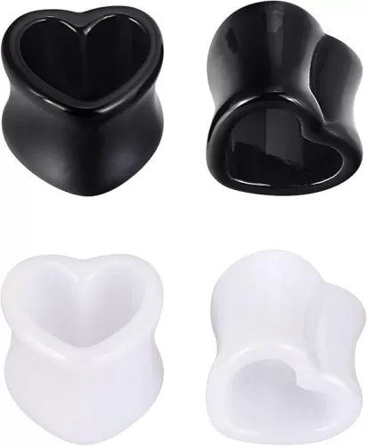 Oyaface 4 PC Heart Shaped Tunnels Double Flare Acrylic Ear Gauges 0G-25mm Expander Stretching Piercing Set Black & White