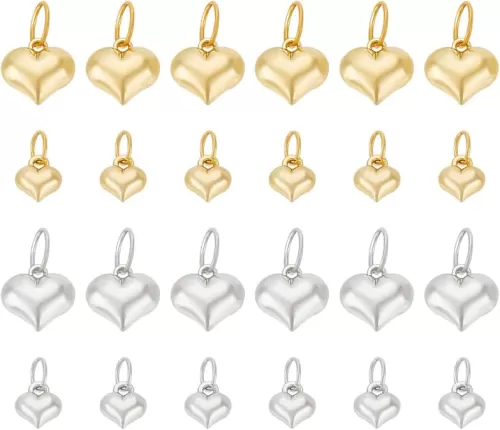 PH PandaHall 24pcs 2 Size Golden Heart Charm with Jump Ring 304 Stainless Steel Dangle Pendant 3-dimensional Love Heart Charms for DIY Necklace Bracelet Earring Keychain Jewelry Making