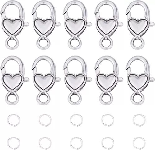 PH PandaHall 30pcs Heart Lobster Claw Clasps with 50pcs Jump Rings - Antique Silver Necklace & Bracelet Clasps for Jewelry Making