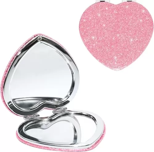 Pink Heart Shaped Makeup Mirror, 2.9x2.8 Inch Compact Travel Mirror with 2X Magnification, Shatterproof Glass, Glittery Case & Easy-Open Design for Purse, Handbag & On-The-Go Touch-Ups