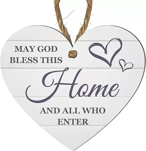 Pixie's Gifts Wooden Heart Plaque - 'May God Bless This Home and All Who Enter' - Inspirational Wall Hanging Sign for Home Decor - Heart Shaped Gift for Housewarming, Religious Occasions