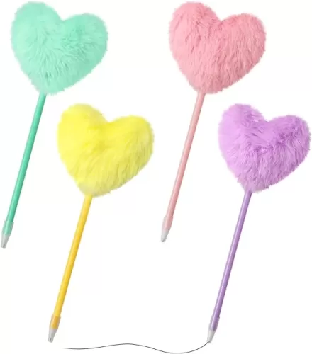 Pom Pom Ballpoint Pen 4 Pack Heart Shape Puffy Pens Fluffy Pen for Girls Colorful Fuzzy Pens Ballpoint Pens for School, Office and Party Supplies
