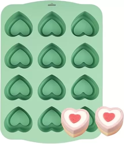 QELEG Silicone Mini Heart Shaped Muffin Pan- Nonstick Silicone Molds for Baking, 2.2 inch Heart Shaped Cupcake Pan for Brownies, Tartlets, Pudding and Egg Bites, Mint Green, 12-Cavity, heart
