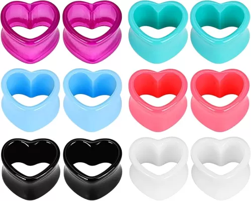 Qmcandy 6 Pairs Acrylic Heart Shape Ear Tunnels Plugs Colorful Gauges for Ears 6g-13/16 inch