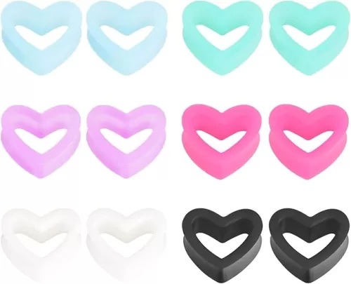 Qmcandy 6 Pairs Heart Shape Silicone Tunnels Piercing Flexible Double Flared Ear Gauges 6g-7/8 inch