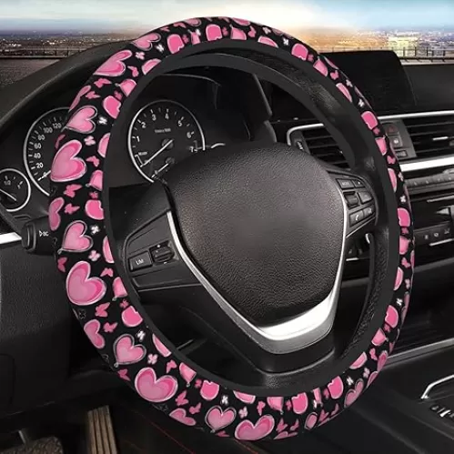 Rainbow Hearts Pattern Steering Wheel Cover Universal 15 Inch Car Accessories Protector for Women Men