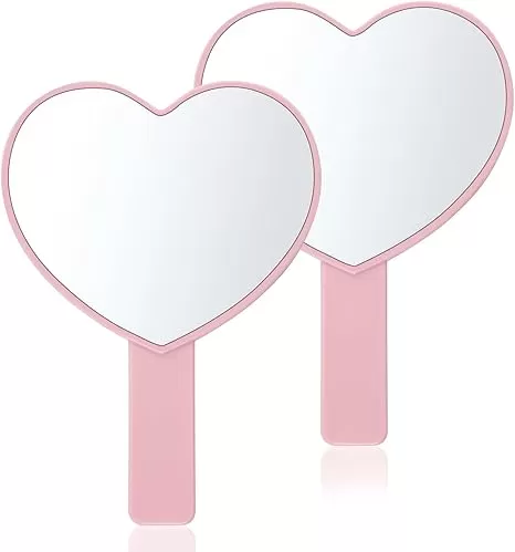 Rbenxia 2 PCS Heart Shaped Handheld Mirrors Mini Cosmetic Mirror with Handle Plastic Heart Shaped Mirrors for Valentine