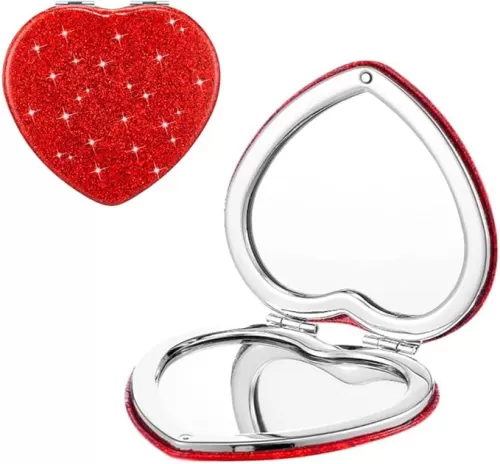Red Heart Shaped Compact Mirror for Purse, 1x/2x Magnification Cute Travel Mirror with Glitter, 2.76 inch Double-Sided Mini Folding Mirror, Small Pocket Mirror for Gift, Travel Essentials