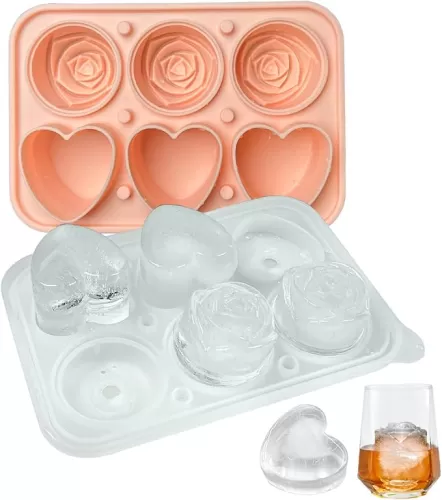 Rose Ice Cube Mold, Heart Shapes Ice Cube Tray, Silicone Ice Mold Fun Shapes with Clear Funnel-type Lid, 3 Heart & 3 Rose Ice Balls for Chilling Whiskey Cocktails Drinks, Pink