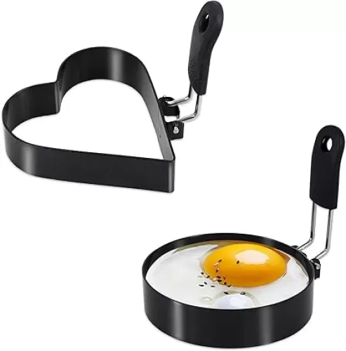 Round+Heart Egg Rings Set with Silicone Handle, Stainless Steel Egg Cooking Rings，Nonstick，For Frying Eggs and Egg Mcmuffins, Egg Mold For Breakfast