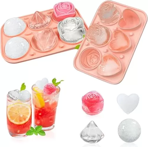Silicone Ice Cube Tray 2 Pack, 3D Large Ice Cube Molds Rose Diamond Heart Sphere, Fun Multi-Shape Whiskey Ice Mold Gifts with Funnel-type Lid for Drinks Cocktails, Brandy, Iced Coffee, Pink