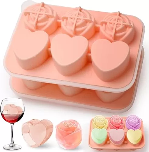 Silicone Ice Cube Trays for Freezer, 2 Pack Cute Ice Cube Tray with Lid, Rose Ice Mold and Heart Ice Mold Make 6 Giant Cute Flower Shape Ice for Cocktails Whiskey Bourbon, Father's day gifts