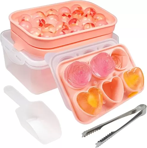 Silicone Ice Molds Fun Shapes Set, Heart Rose Ice Cube Mold, Small Round Ice Cube Tray, Makes 22 Sphere & 3 Heart 3 Rose Shape Ice Balls for Chilling Whiskey Cocktails, 2 Ice Trays with Bin Scoop Tong