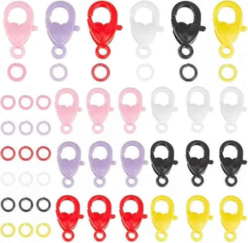 SUNNYCLUE 1 Box 192Pcs 6 Colors Heart Lobster Claw Clasp Colorful Split Jump Rings Bulk Alloy Plastic Round Ring Hearts Fastener Hooks Lanyard Clasps for Jewelry Making Bracelet Necklace DIY Crafts