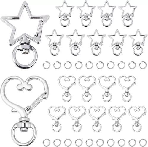 SUNNYCLUE 1 Box 20 Sets 2 Styles Heart Keychain Clasp Swivel Buckle Clip with Open Jump Rings Alloy Star Split Lanyard Push Gate Spring Key Chain Making Findings for Handmade Keychain Making DIY Craft