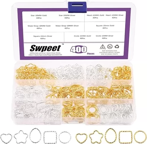 Swpeet 400Pcs Gold and Sliver 12mm 15mm 16mm 18mm 5 Styles Open Jump Rings Assortment Kit, Plum Bossom/Water Droplets/Heart/SquareIron O Rings Connectors Jewelry Findings