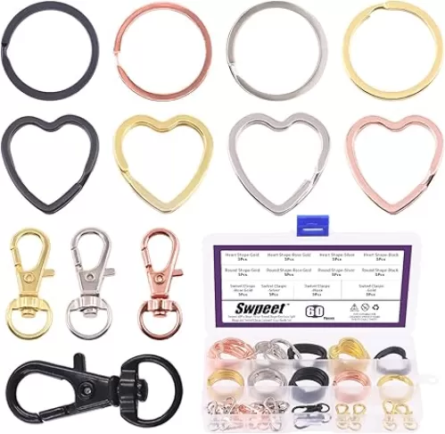 Swpeet 60Pcs Round and Heart Shape 4 Colors Key Rings O Rings with Metal Swivel Lobster Claw Clasp Keychain Assortment Kit, Flat Keychain Rings Metal Split Key Rings Jump Ring Leather