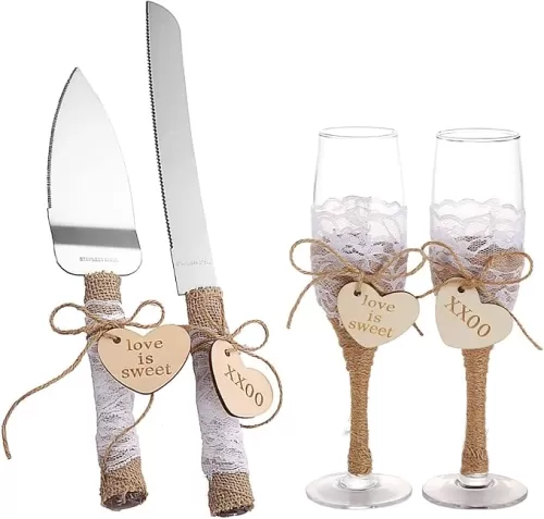 TANG SONG Cake Knife and Server with Champagne Glasses Set Resin Plastic Handle with Twine Heart Love Wood Tag and Burlap Lace Design