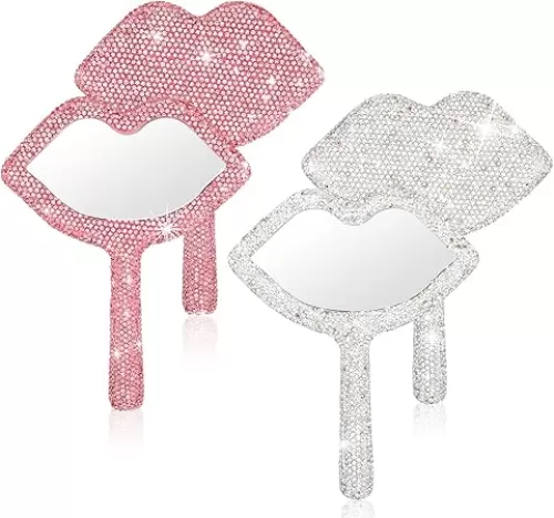 Tatuo 2 Pcs Rhinestone Mirror Handheld Bling Heart Lip Shaped Hand Mirror Glitter Cosmetic with Handle Portable Cute Travel Makeup Lash for Women (Pink and White)