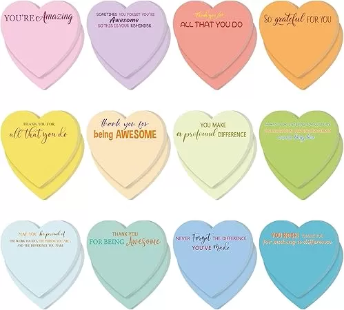Teling 24 Pcs Valentine‘s Day Sticky Notes 3 x 3 Inch Heart Shape Sticky Inspirational Red Heart Notepads Appreciation Gifts Bulk for School Office Supplies(Pastel, Thank You)