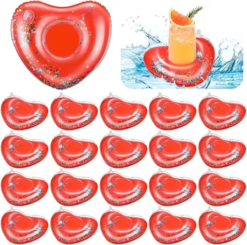 Tioncy 24 Pack Inflatable Drink Holder Floaties Pool Floats Heart Shaped Cup Holders Decorations Accessories for Summer Ring Swimming Pool Bar Bachelorette Adult Water Beach Party(Red)