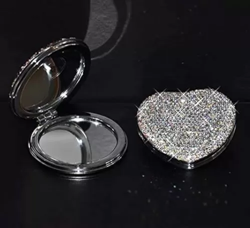 TISHAA Bling Bling Double Sided Pocket Sized Travel Heart Shaped Compact Mirror with 2X Magnification (White)