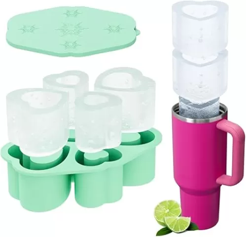 TUCANA Ice Cube Tray for 30 OZ Stanley Cup, Ice Cube Molds for 30 oz Tumbler Cup, 3PCS Hollow Heart with Lid and Bin for Freezer, Ice Drink, Juice, Cocktail (Green)