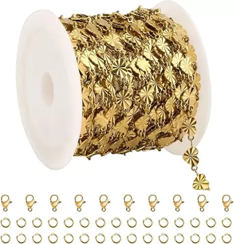 UMAOKANG 16.4 Feet Gold Plated Bulk Chain Heart Shaped Sequin Chains for Jewelry Making with Jump Rings Lobster Clasps