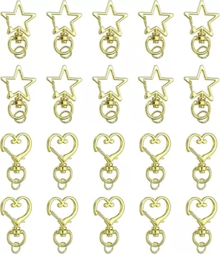 uxcell 20 Pcs Metal Spring Snap Keychain Clip, Star Heart Shape Swivel Snap Hooks Lobster Claw Clasp with Open Jump Ring for DIY Crafts Bag Decoration, Gold